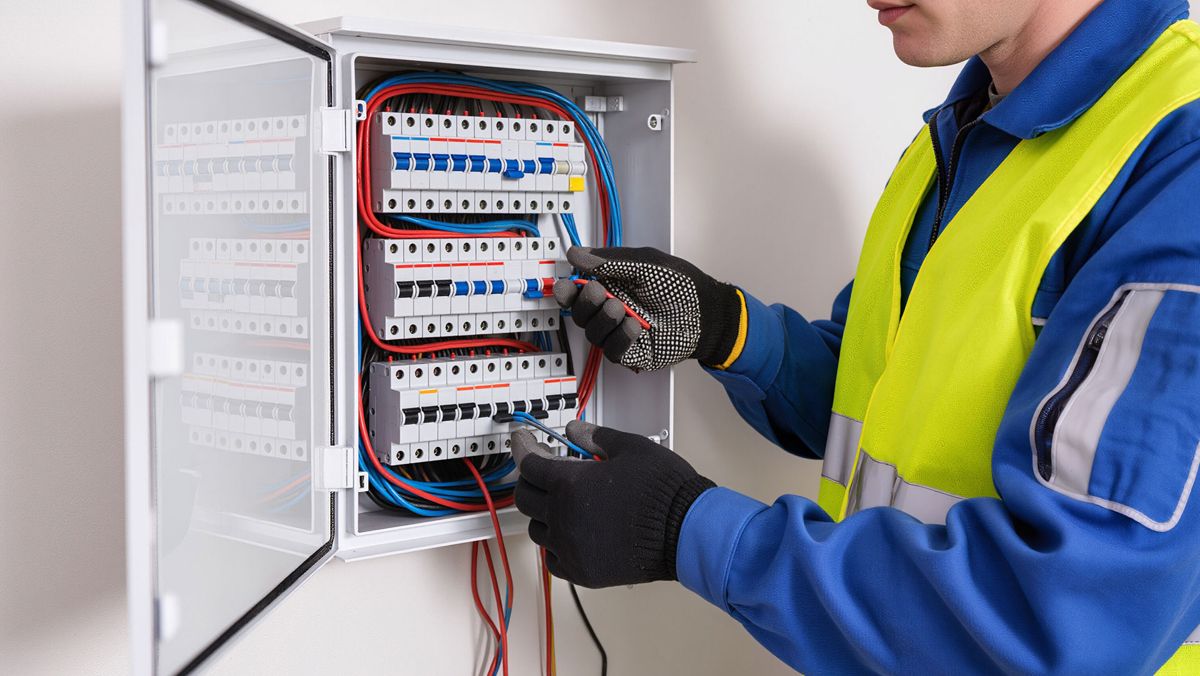 Electrician working in an open breaker panel